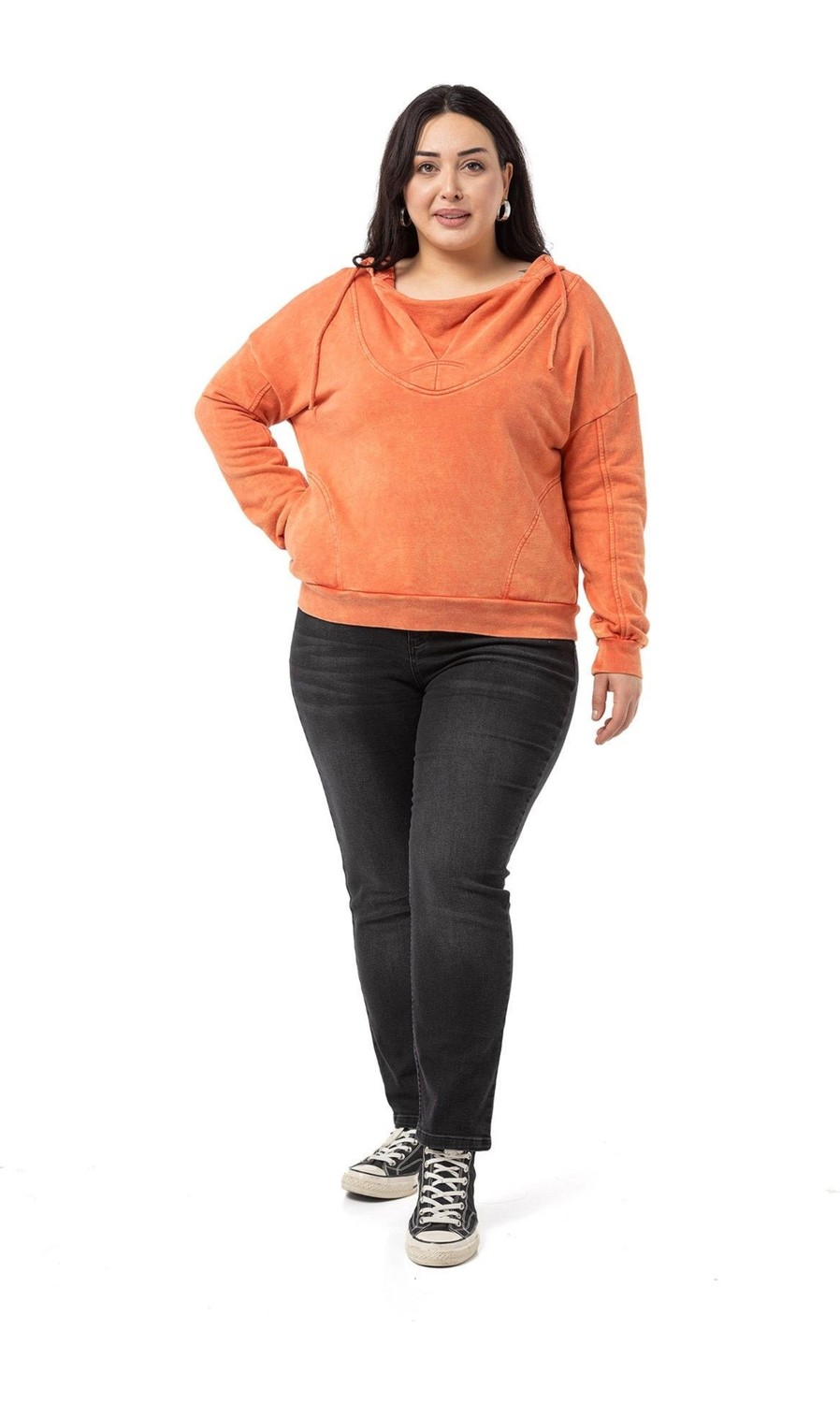 Disentis Modest Büyük Beden Degaje Kapüşonlu Yaka Cepli Parça Boyalı Üç Iplik Yeşil Sweatshirt görsel 2