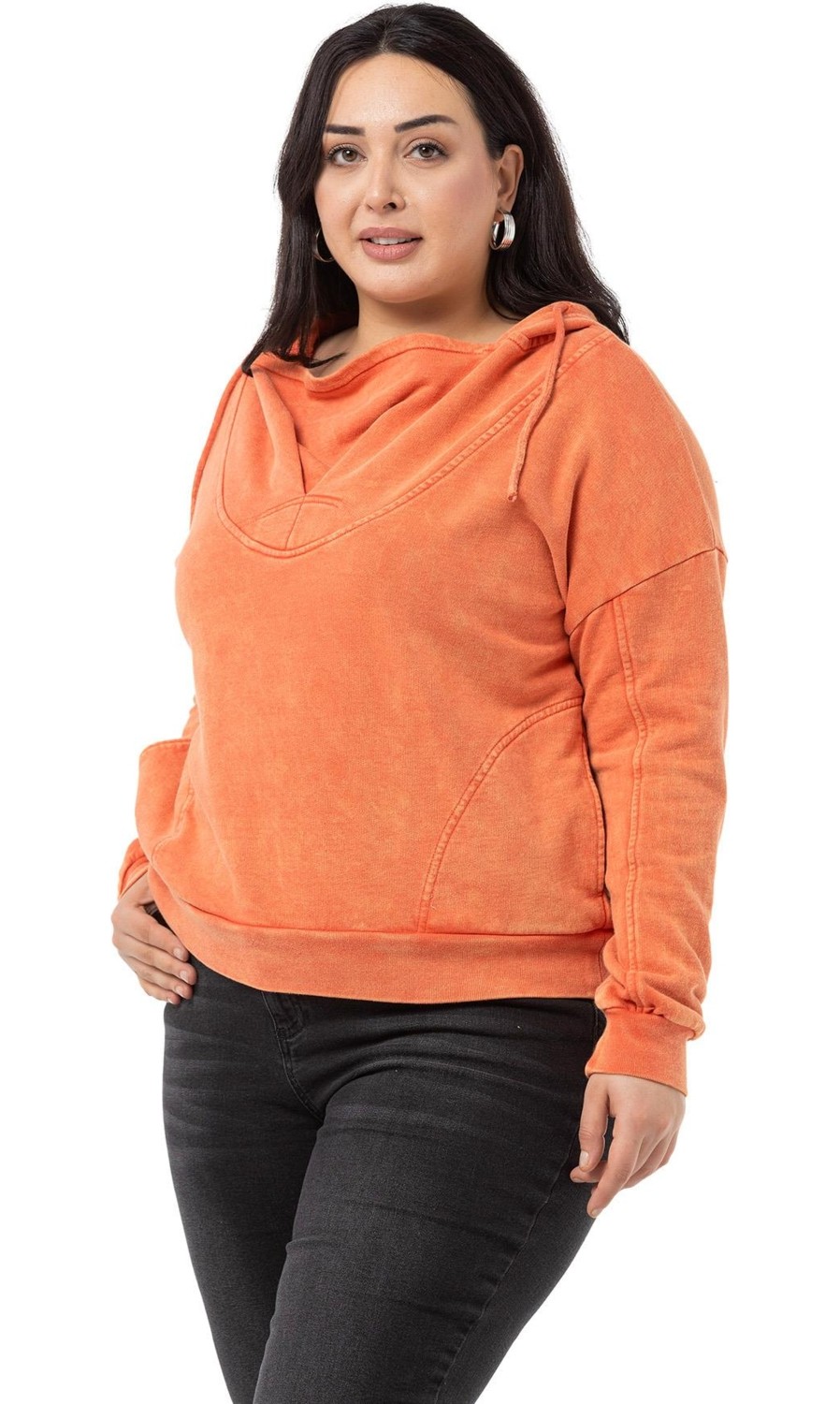 Disentis Modest Büyük Beden Degaje Kapüşonlu Yaka Cepli Parça Boyalı Üç Iplik Yeşil Sweatshirt görsel 4