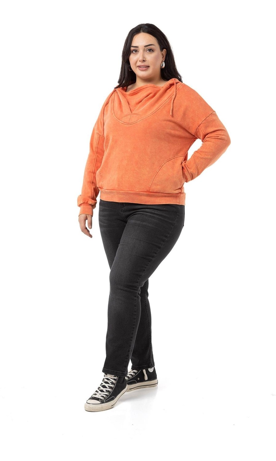 Disentis Modest Büyük Beden Degaje Kapüşonlu Yaka Cepli Parça Boyalı Üç Iplik Yeşil Sweatshirt görsel 5