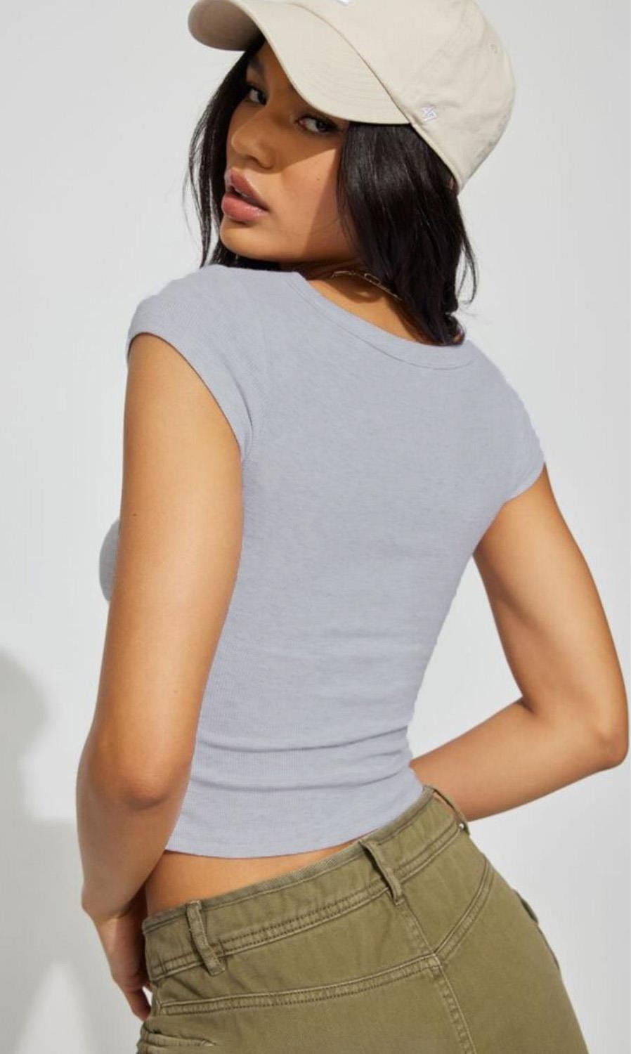 Madmext Gri Geniş Yaka Kadın T-Shirt MG2341 görsel 3