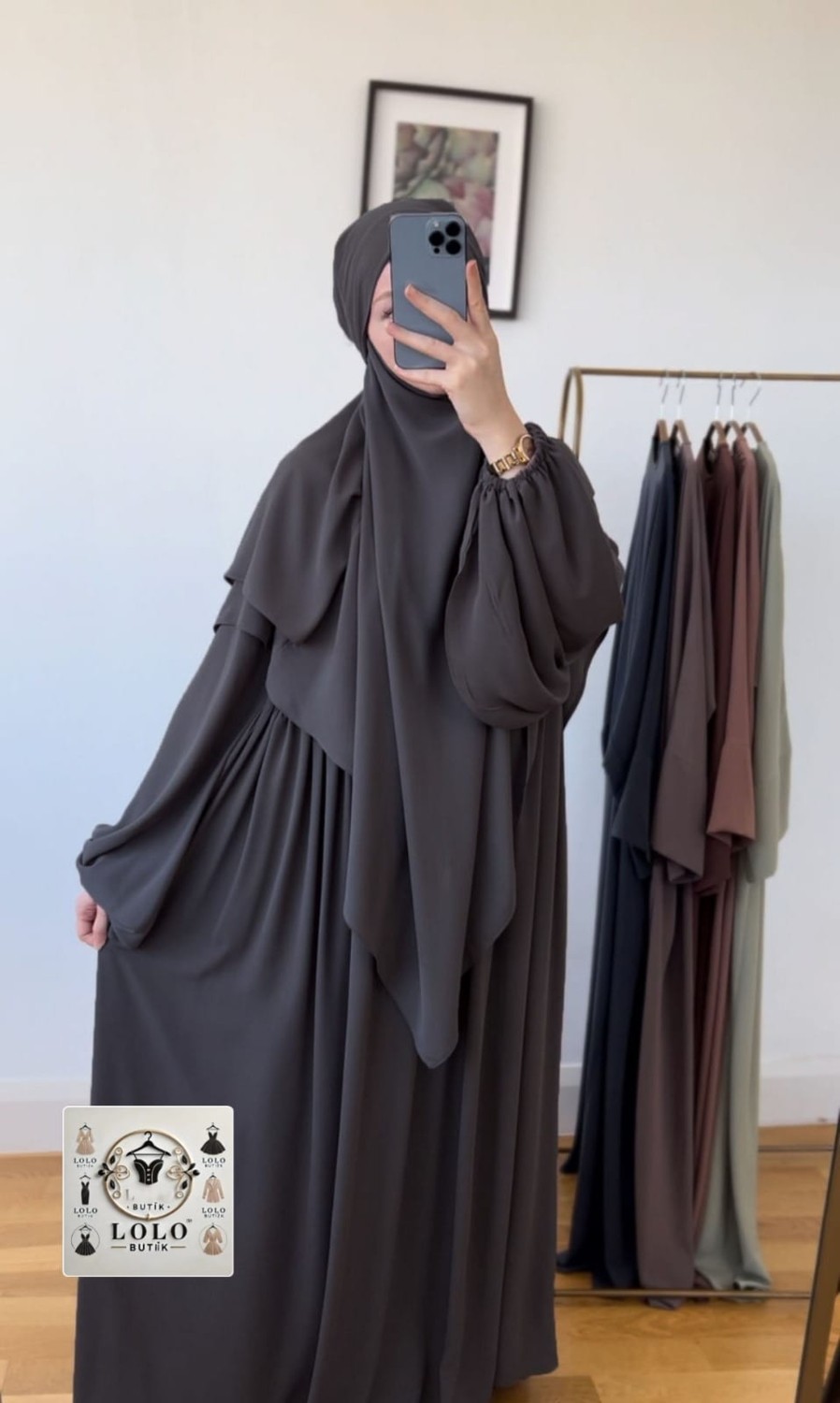 Moda Ferace Sufle Peçe Takım Kiremit (Üç Parça Set) Medine Ipeği gri rengi görsel 2