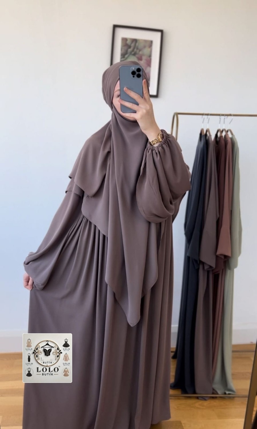 Moda Ferace Sufle Peçe Takım Kiremit (Üç Parça Set) Medine Ipeği gri rengi