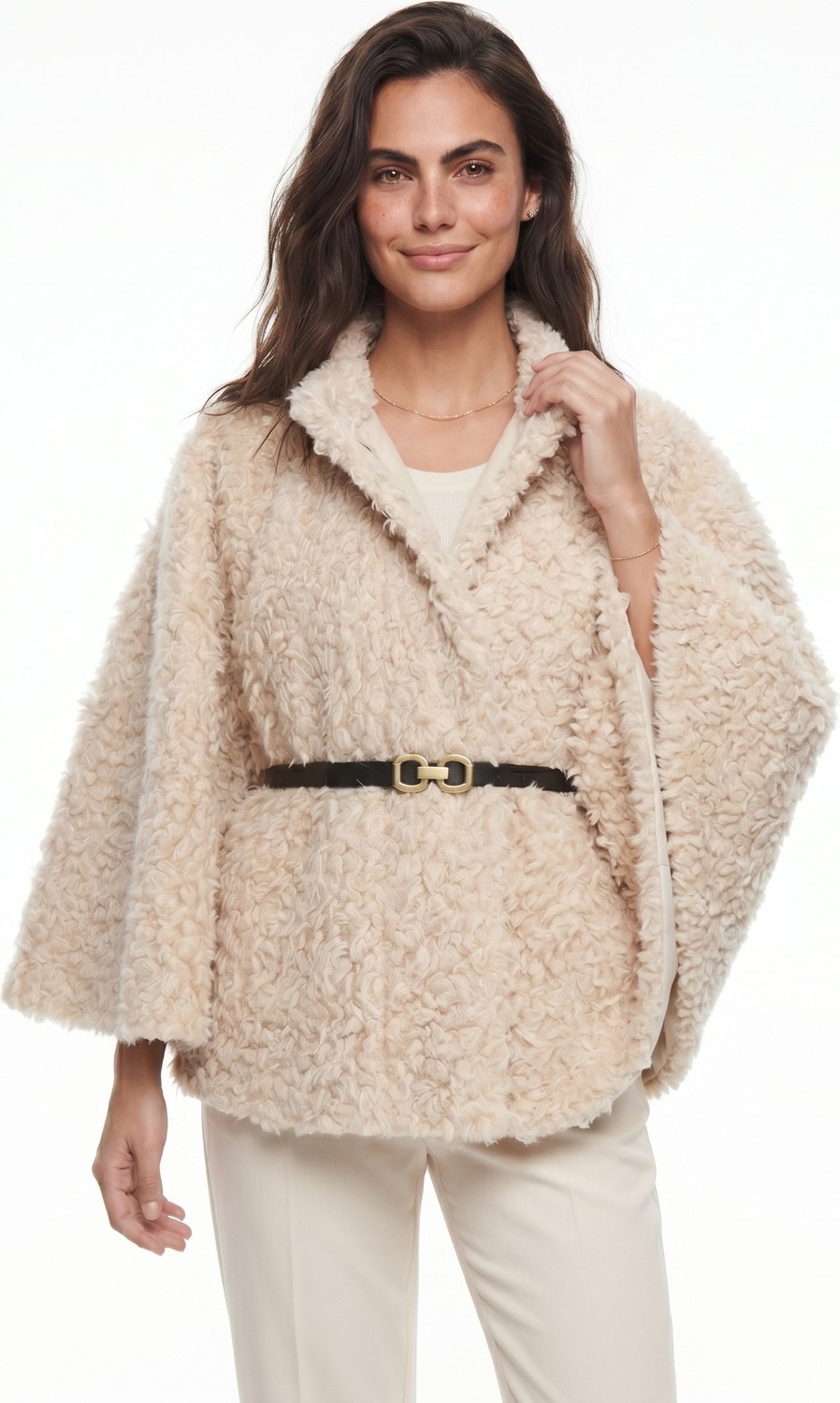 Onloox Krem Yumuşak Dokulu Polyester Kumaş Belden Kemer Detaylı Peluş Panço