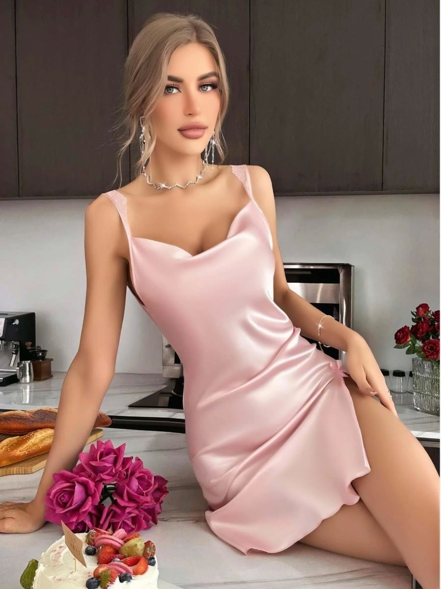 Beruflic Kadın Pudra Pembe Saten Gecelik Dantel Detaylı Askılı Ince Askılı Şık Kadın Geceliği Öze görsel 4