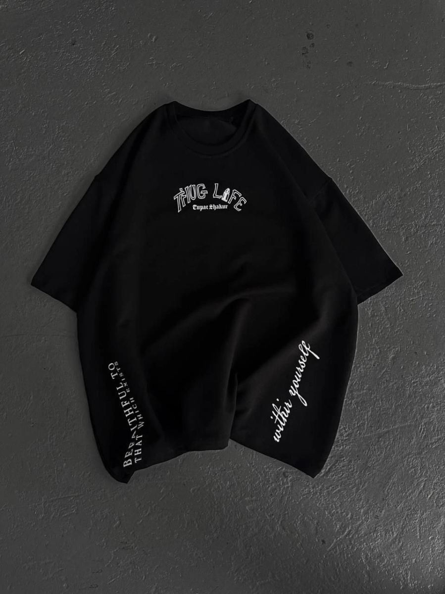 Fantastik Store Erkek Kısa Kol Tişört Bisiklet Yaka Filistin Poşulu Baskılı T-Shirt - Siyah görsel 5