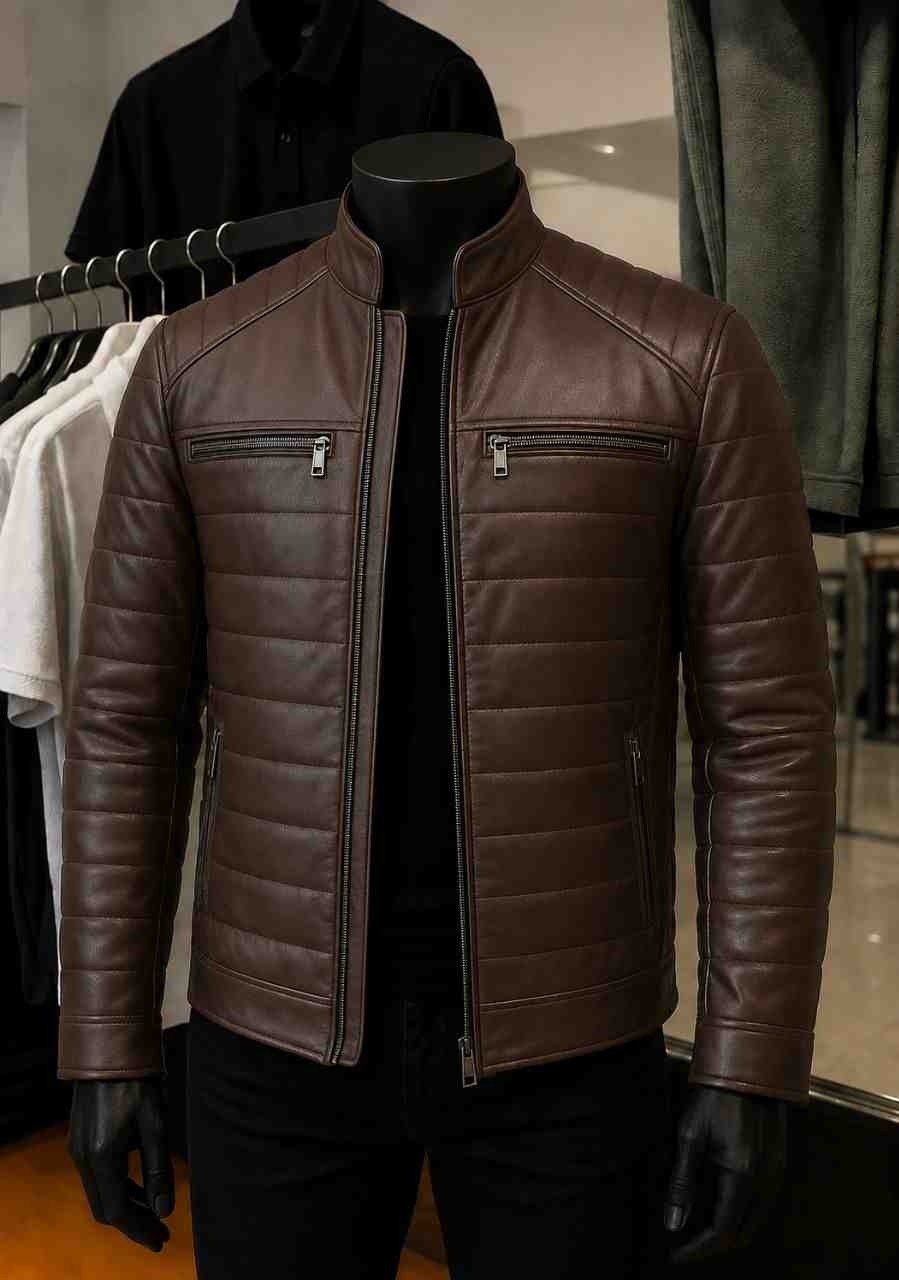 Moda Erkek Kahverengi Fermuarlı Cepli Hakiki Kuzu Derisi Şişme Deri Ceket Mont