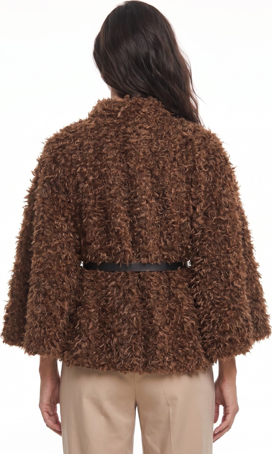 Onloox Kahverengi Yumuşak Dokulu Polyester Kumaş Belden Kemer Detaylı Peluş Panço görsel 2
