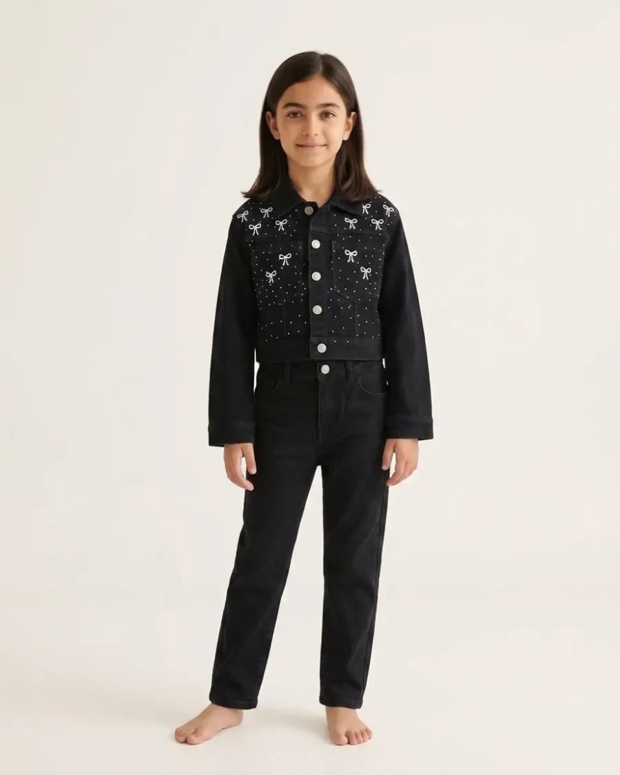 Siyah, Taşlı Fiyonk Nakışlı Bel Boy Crop Kız Kot Ceket