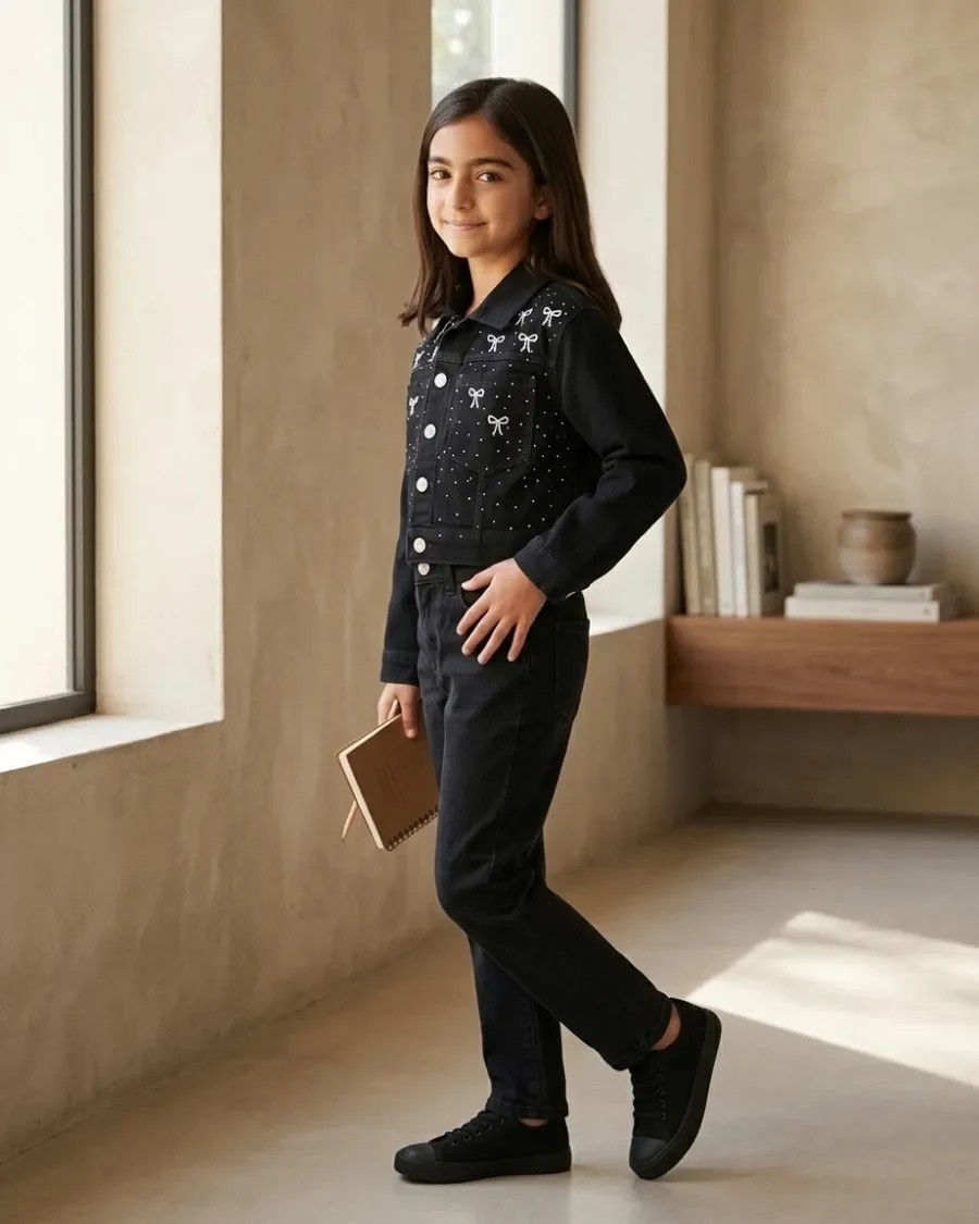 Siyah, Taşlı Fiyonk Nakışlı Bel Boy Crop Kız Kot Ceket görsel 4