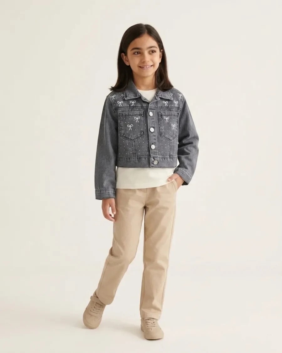 gr, Taşlı Fiyonk Nakışlı Bel Boy Crop Kız Kot Ceket