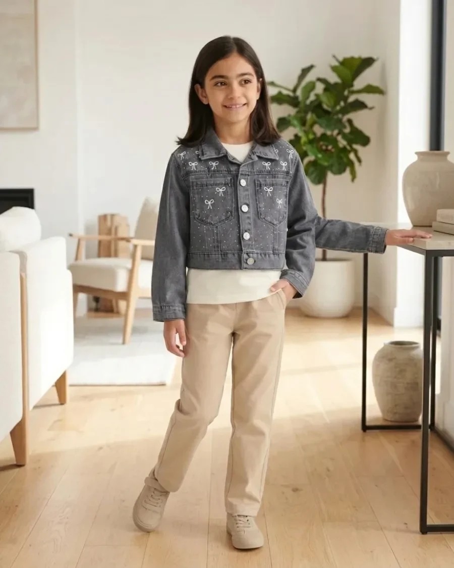 gr, Taşlı Fiyonk Nakışlı Bel Boy Crop Kız Kot Ceket görsel 4