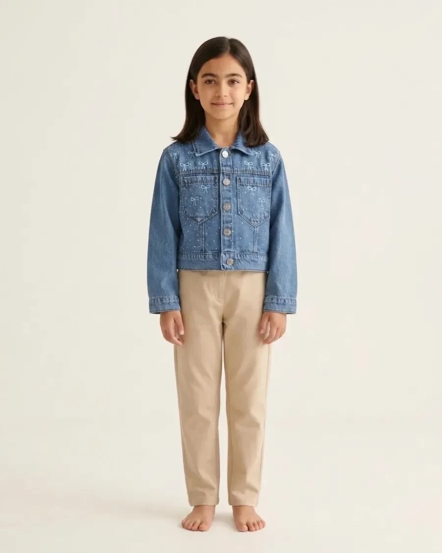 Mavi, Taşlı Fiyonk Nakışlı Bel Boy Crop Kız Kot Ceket