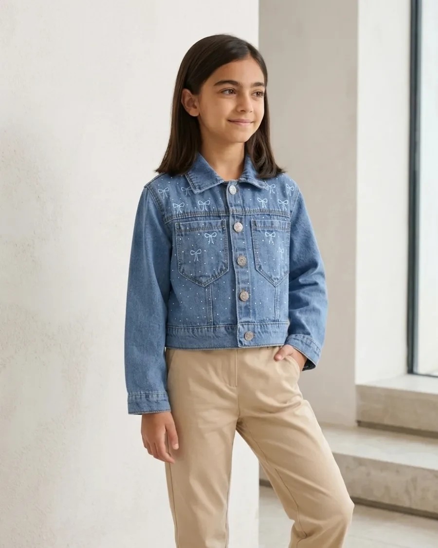 Mavi, Taşlı Fiyonk Nakışlı Bel Boy Crop Kız Kot Ceket görsel 4
