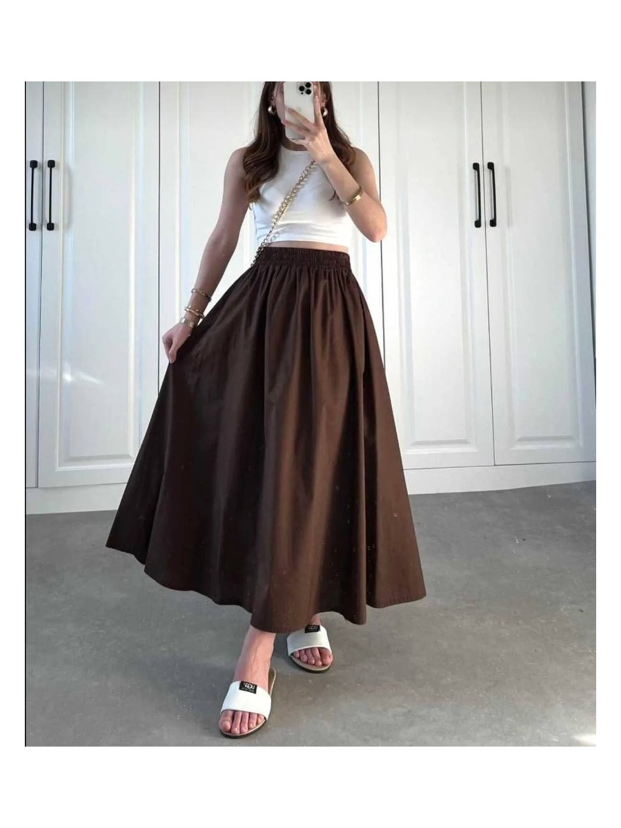 Moda Ulu Çift Cepli Beli Lastikli İç Göstermez Uzun Etek Poplin Kumaş (90) cm