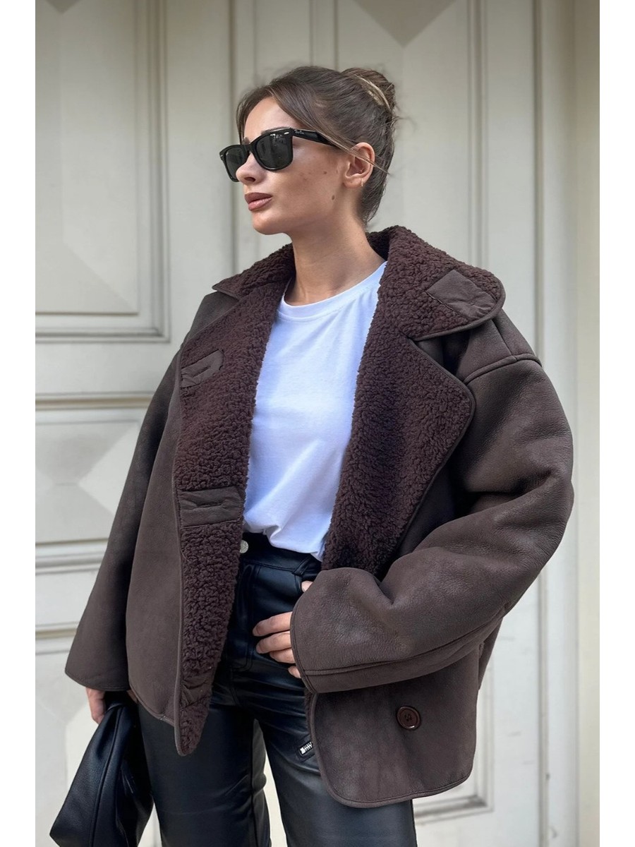 Kadın Oversize Içi Kürklü Süet Deri Mont - Içi Peluşlu Yumuşak Dokulu