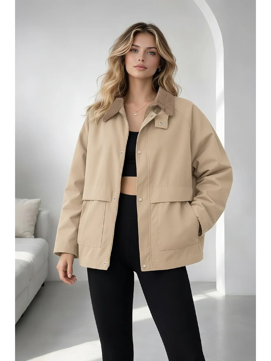 Taş Oversize Kadife Yaka ve Çıtçıt Detaylı Unisex Mevsimlik Mont&ceket