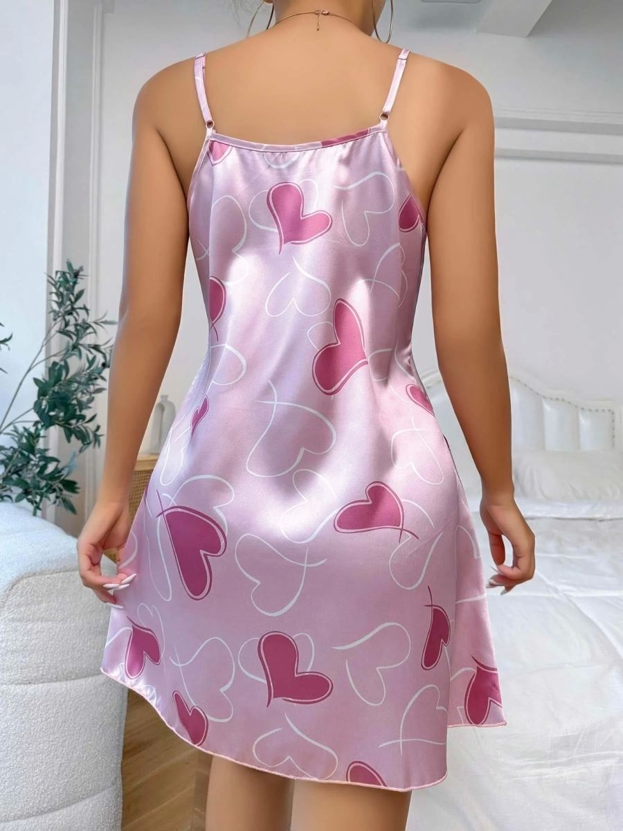 Ava Style Kadın Pembe Saten Gecelik Fuşya Kalp Desenli Askılı Ince Askılı Şık Kadın Geceliği Özel görsel 4