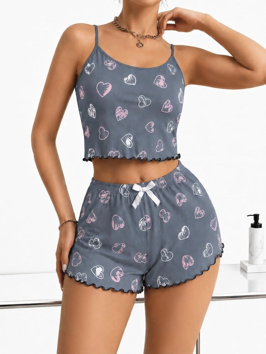 Beruflic Kadın Gri Kalp Desenli Dantel Askılı Şortlu Pijama Takımı 5265 görsel 2