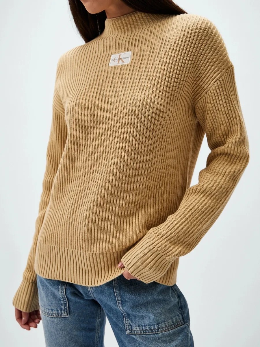 Calvin Klein Kadın / Kız Bej Calvin Klein Woven Label Loose Sw, Rae Kadın Bej Kazak görsel 4