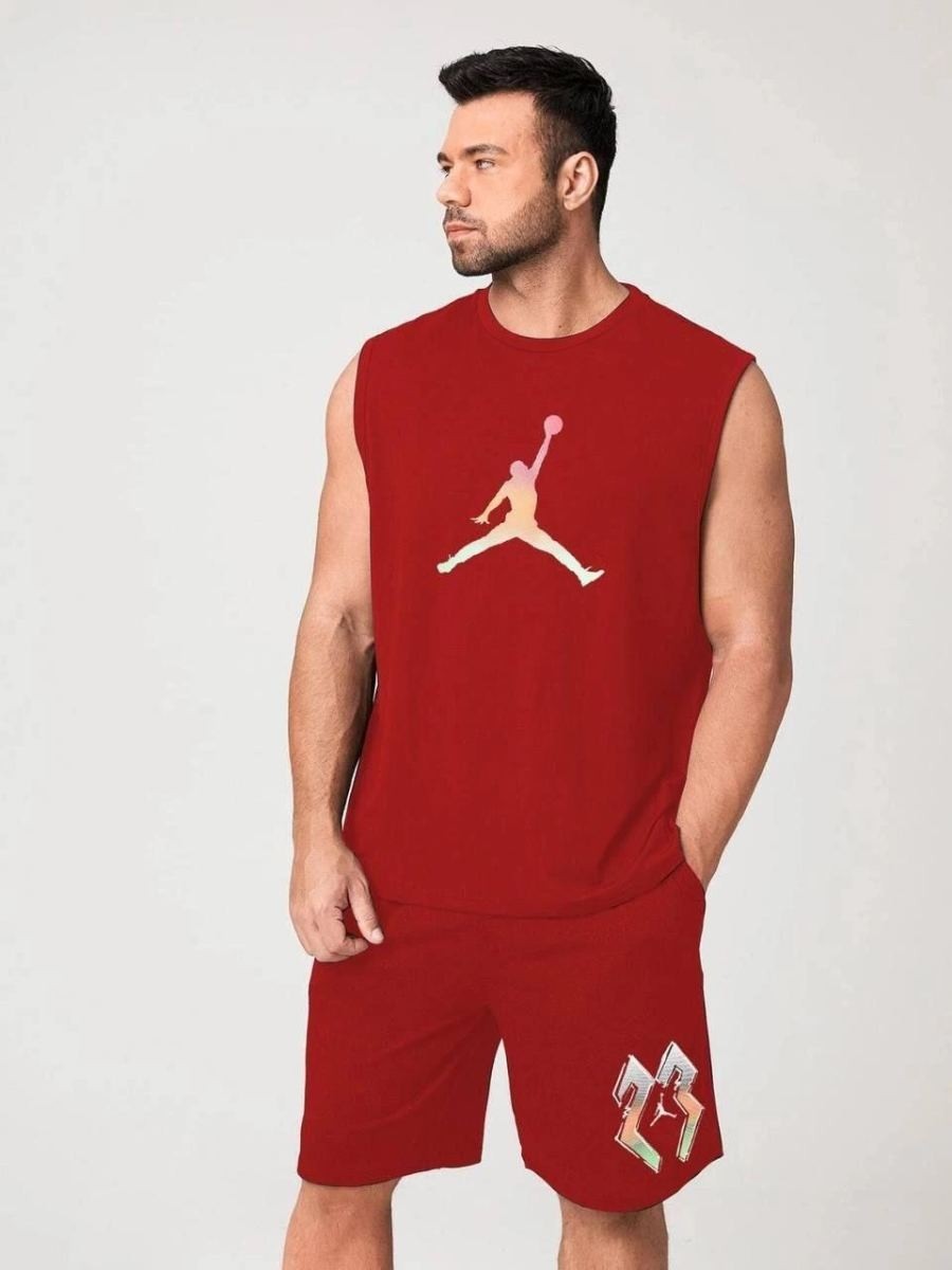 Fantastik Store Erkek Sırt Baskılı Sıfır Kol Ikili Şort Alt-Üst Takım - Kırmızı görsel 2
