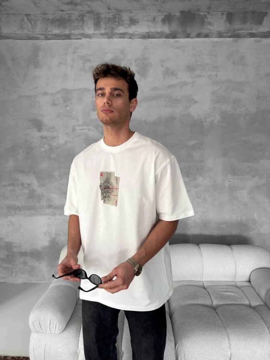 Fantastik Store Erkek Tişört Kısa Kol Ön ve Arka Baskılı Oversize Bisiklet Yaka T-Shirt - Beyaz görsel 5
