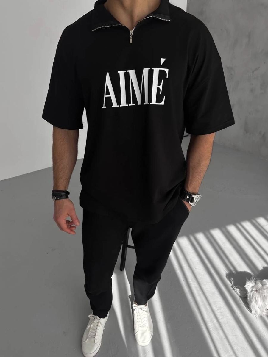 Fantastik Store Erkek Tişört Yakalı Yarım Fermuarlı kısa Kol Baskılı T-Shirt - Siyah