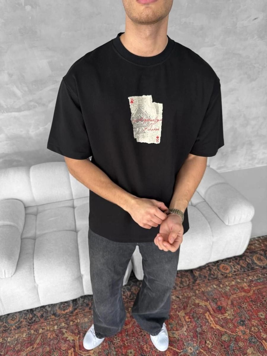 Fantastik Store Erkek Tişört Kısa Kol Ön ve Arka Baskılı Oversize Bisiklet Yaka T-Shirt - Siyah görsel 4