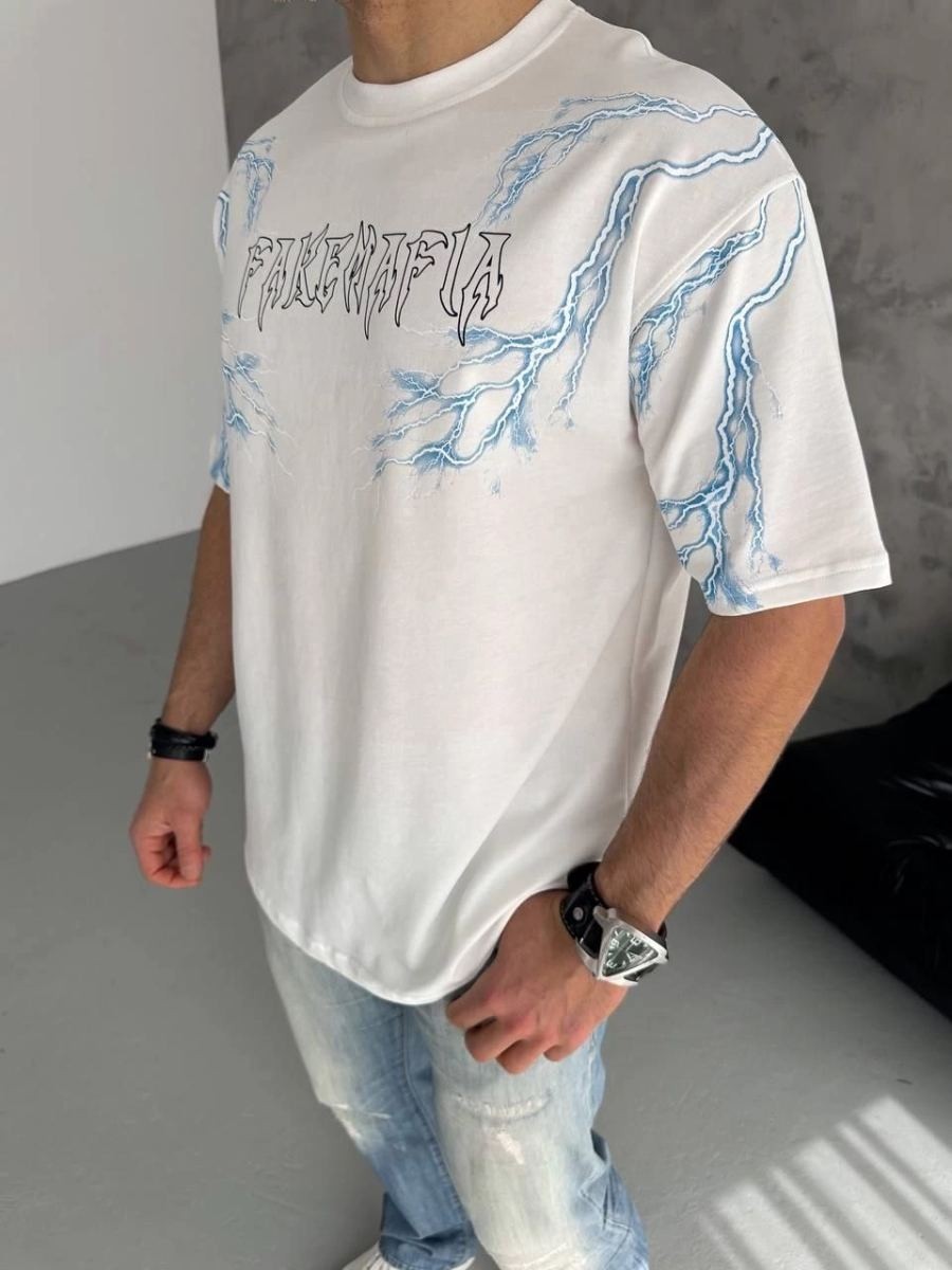 Fantastik Store Erkek Bisiklet Yaka Tişört Yıldırım Şimşek Baskılı Kısa Kol T-Shirt - Beyaz