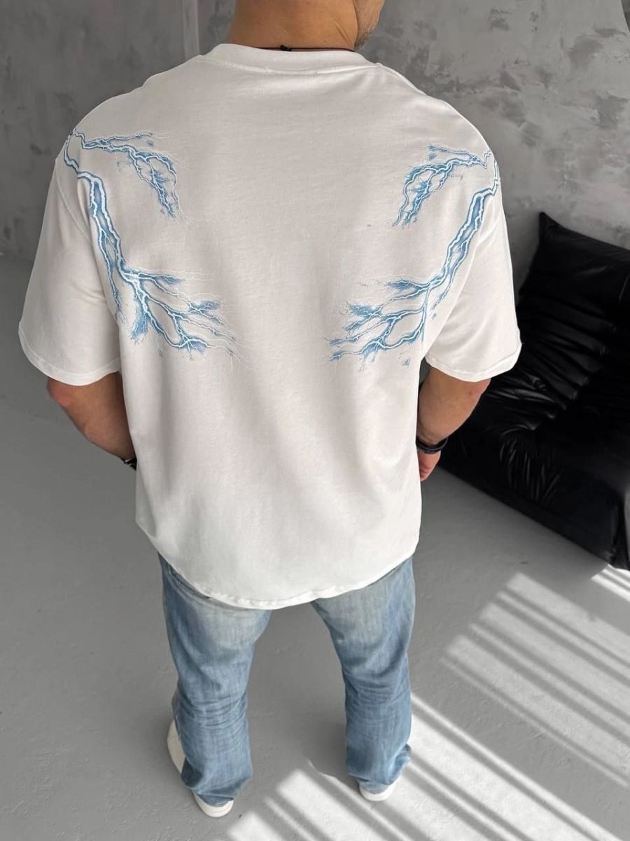 Fantastik Store Erkek Bisiklet Yaka Tişört Yıldırım Şimşek Baskılı Kısa Kol T-Shirt - Beyaz görsel 2