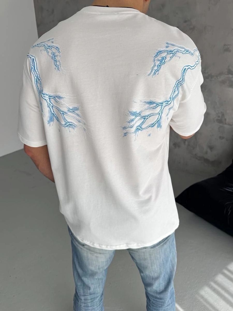 Fantastik Store Erkek Bisiklet Yaka Tişört Yıldırım Şimşek Baskılı Kısa Kol T-Shirt - Beyaz görsel 3