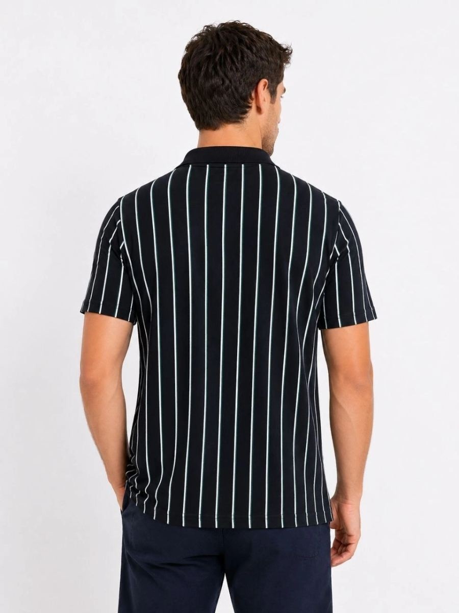 Fantastik Store Erkek Pike Kumaş Çizgili Polo Yaka Tişört Kısa Kol Yazlık T-Shirt - Siyah görsel 3