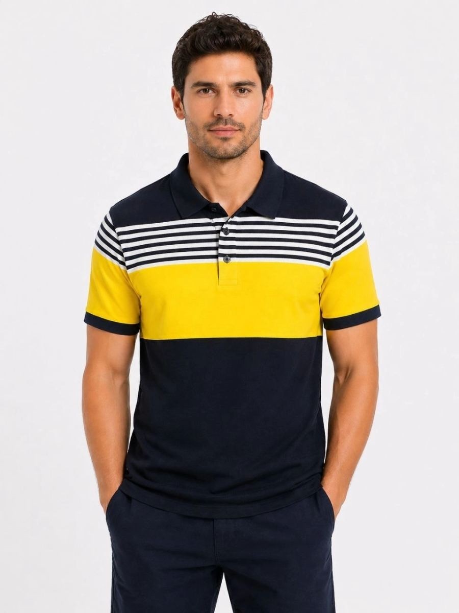 Fantastik Store Erkek Pike Kumaş Çizgili Polo Yaka Tişört Kısa Kol Yazlık T-Shirt - Lacivert görsel 3