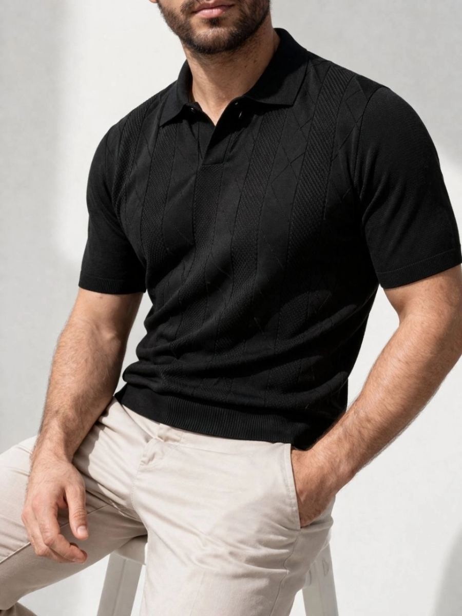 Fantastik Store Erkek Yazlık Triko Dokuma Tişört Kısa Kol Polo Yaka T-Shirt - Siyah görsel 5