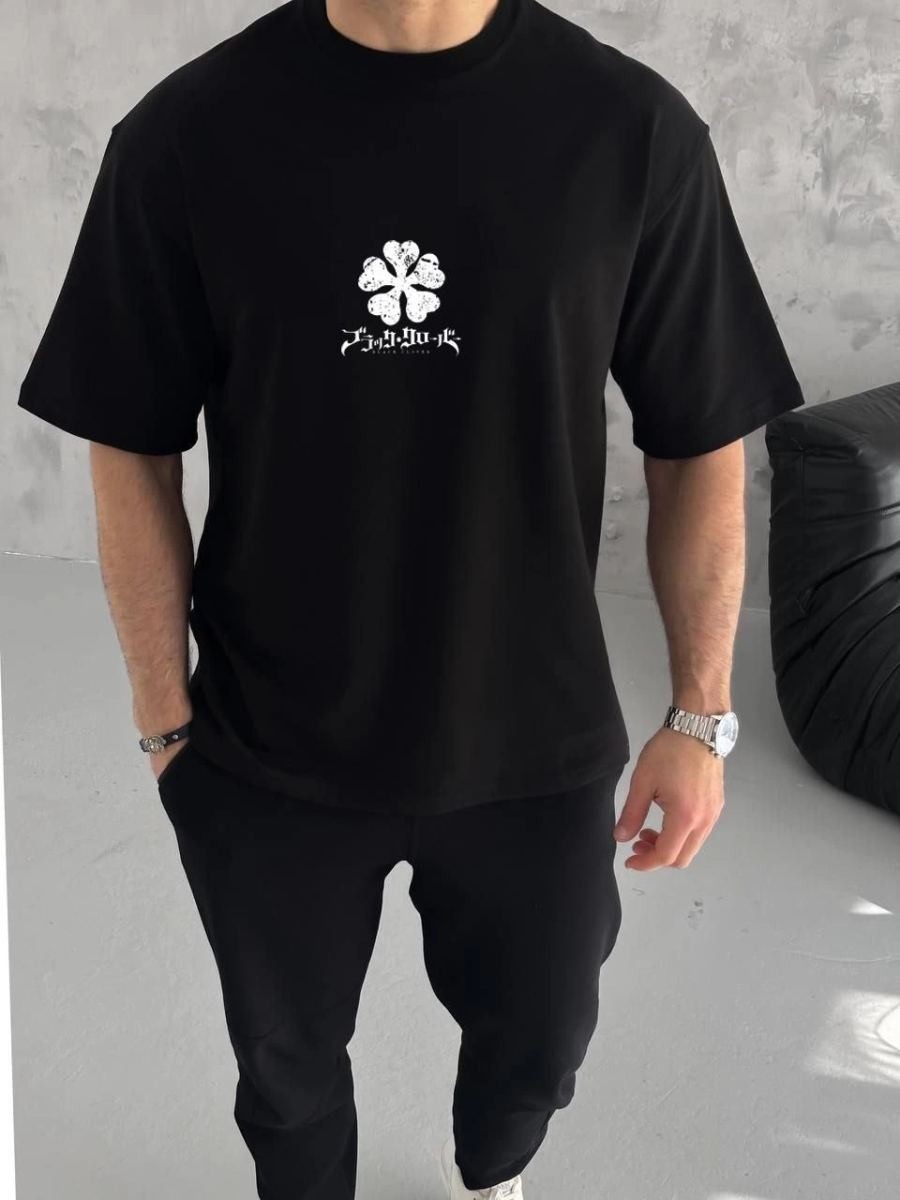 Fantastik Store Erkek Kısa Kol Tişört Bisiklet Yaka Yonca Baskılı Oversize T-Shirt - Siyah