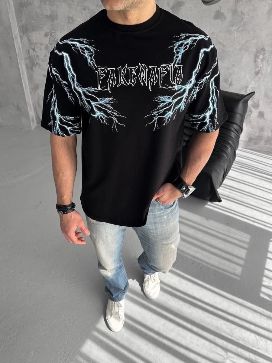 Fantastik Store Erkek Bisiklet Yaka Yıldırım Baskılı kısa Kol T-Shirt-Siyah görsel 2
