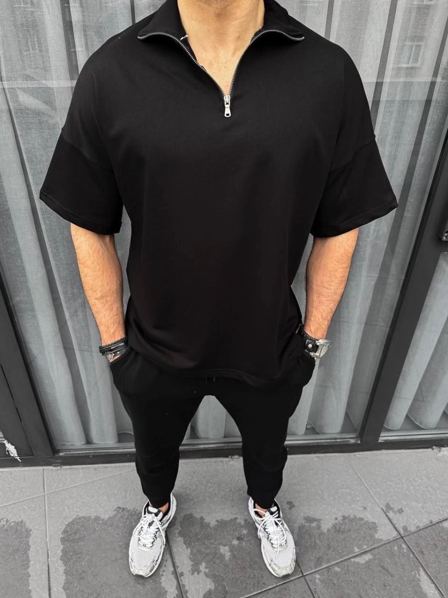 Fantastik Store Erkek Yarım Fermuarlı Kısa Kol T-Shirt - Siyah