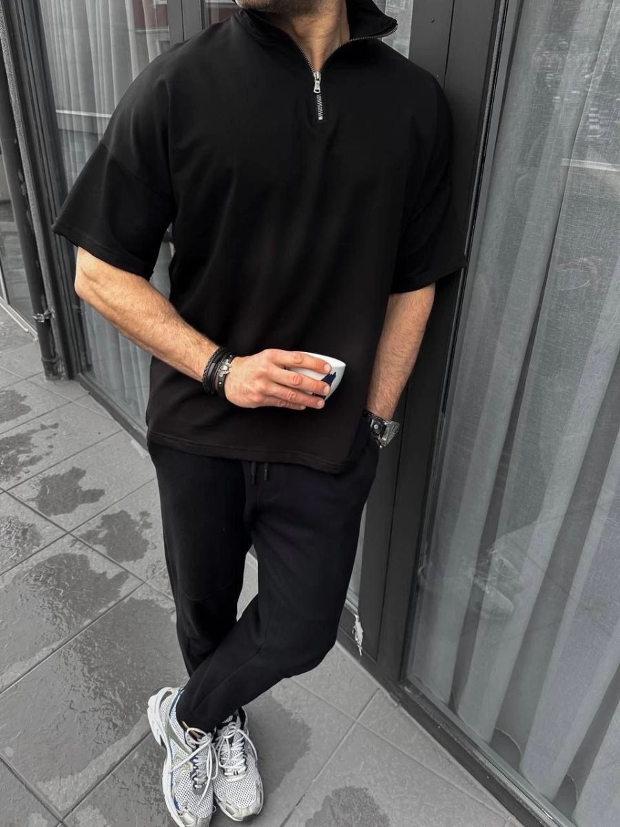 Fantastik Store Erkek Yarım Fermuarlı Kısa Kol T-Shirt - Siyah görsel 2