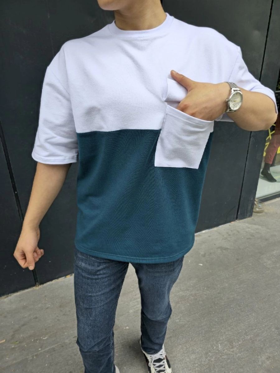 Fantastik Store Erkek Kısa Kol Yazlık Tişört Torba Cepli Parçalı T-Shirt - Lacivert görsel 3