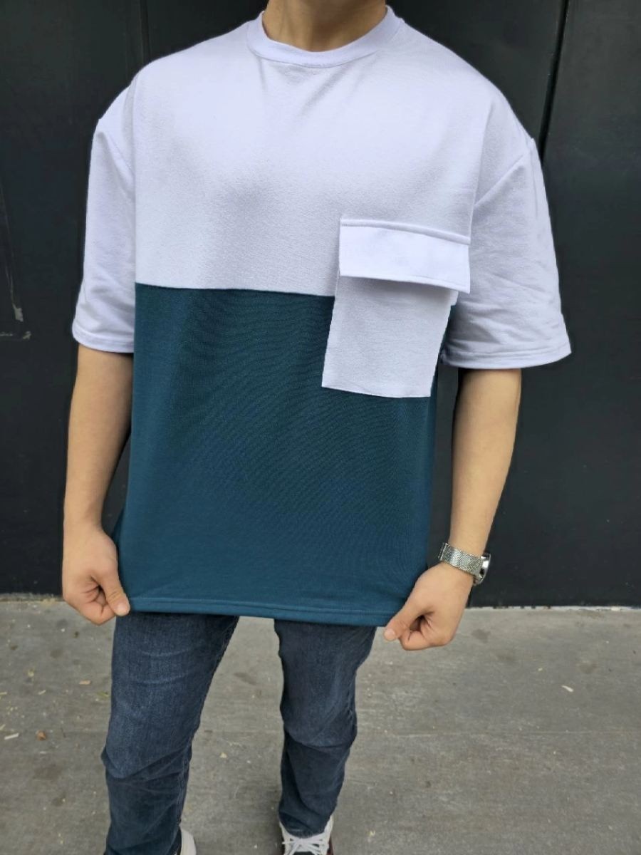 Fantastik Store Erkek Kısa Kol Yazlık Tişört Torba Cepli Parçalı T-Shirt - Lacivert görsel 5