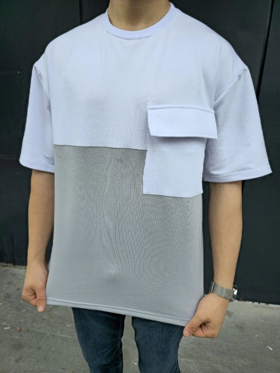 Fantastik Store Erkek Kısa Kol Yazlık Tişört Torba Cepli Parçalı T-Shirt - Gri
