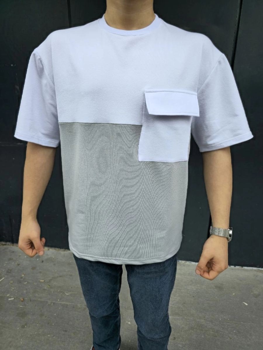 Fantastik Store Erkek Kısa Kol Yazlık Tişört Torba Cepli Parçalı T-Shirt - Gri görsel 2