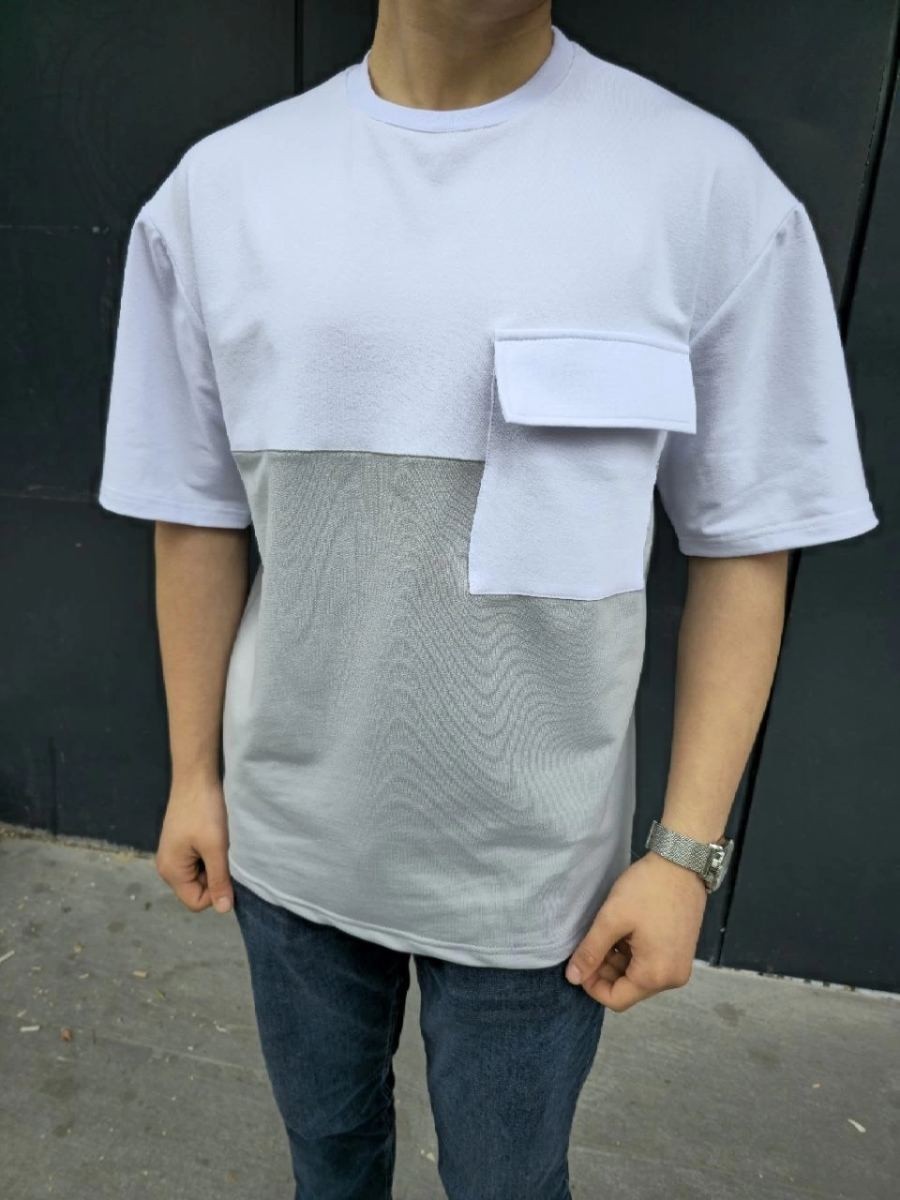 Fantastik Store Erkek Kısa Kol Yazlık Tişört Torba Cepli Parçalı T-Shirt - Gri görsel 3