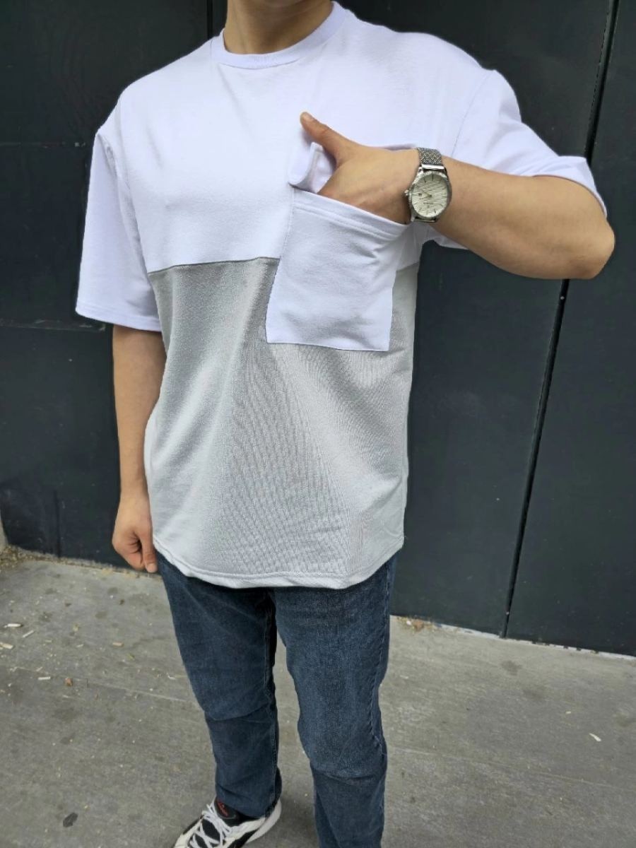 Fantastik Store Erkek Kısa Kol Yazlık Tişört Torba Cepli Parçalı T-Shirt - Gri görsel 4