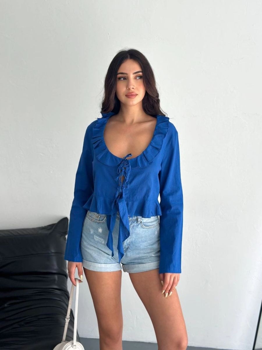 Fantastik Store Keten Uzun Kol Bağacık Detaylı Bluz - Lacivert
