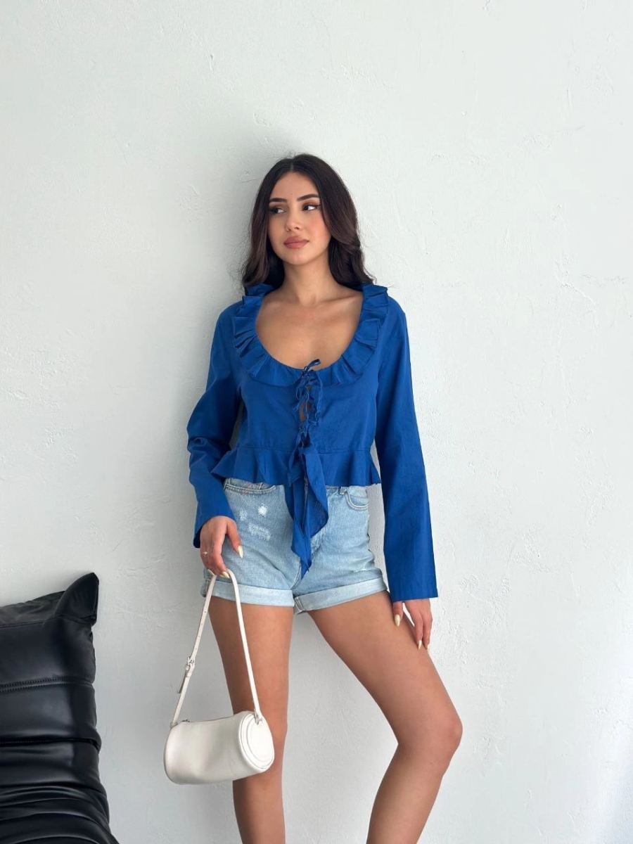 Fantastik Store Keten Uzun Kol Bağacık Detaylı Bluz - Lacivert görsel 5