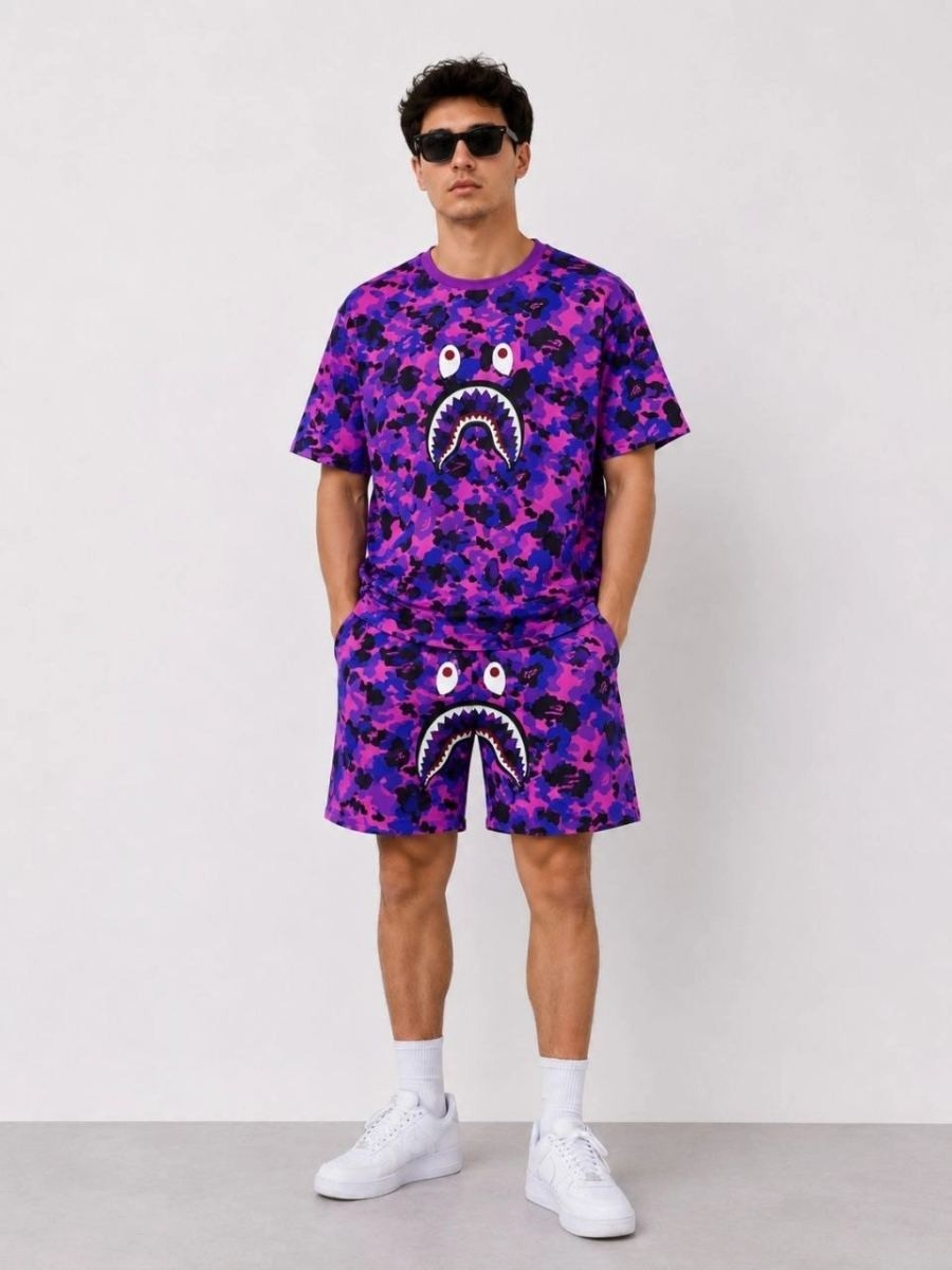 Fantastik Store Erkek Oversize Kalıp Pubg Bape x Shark Nakışlı Cepli Şort Takım - Mor görsel 3