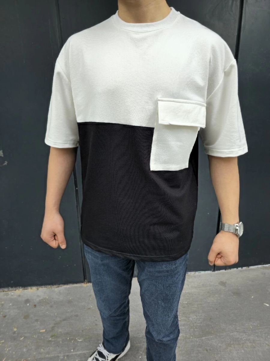 Fantastik Store Erkek Kısa Kol Yazlık Tişört Torba Cepli Parçalı T-Shirt - Siyah görsel 2
