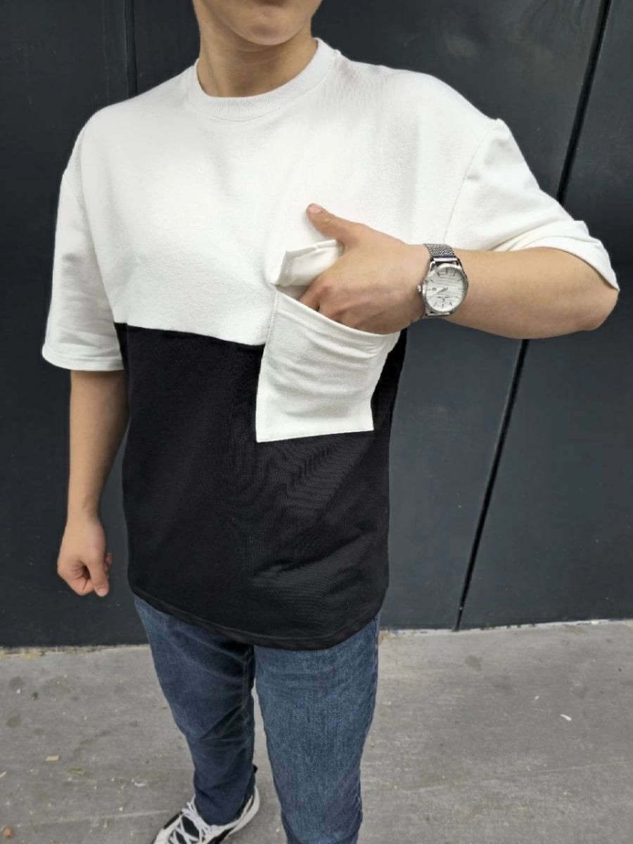 Fantastik Store Erkek Kısa Kol Yazlık Tişört Torba Cepli Parçalı T-Shirt - Siyah görsel 5