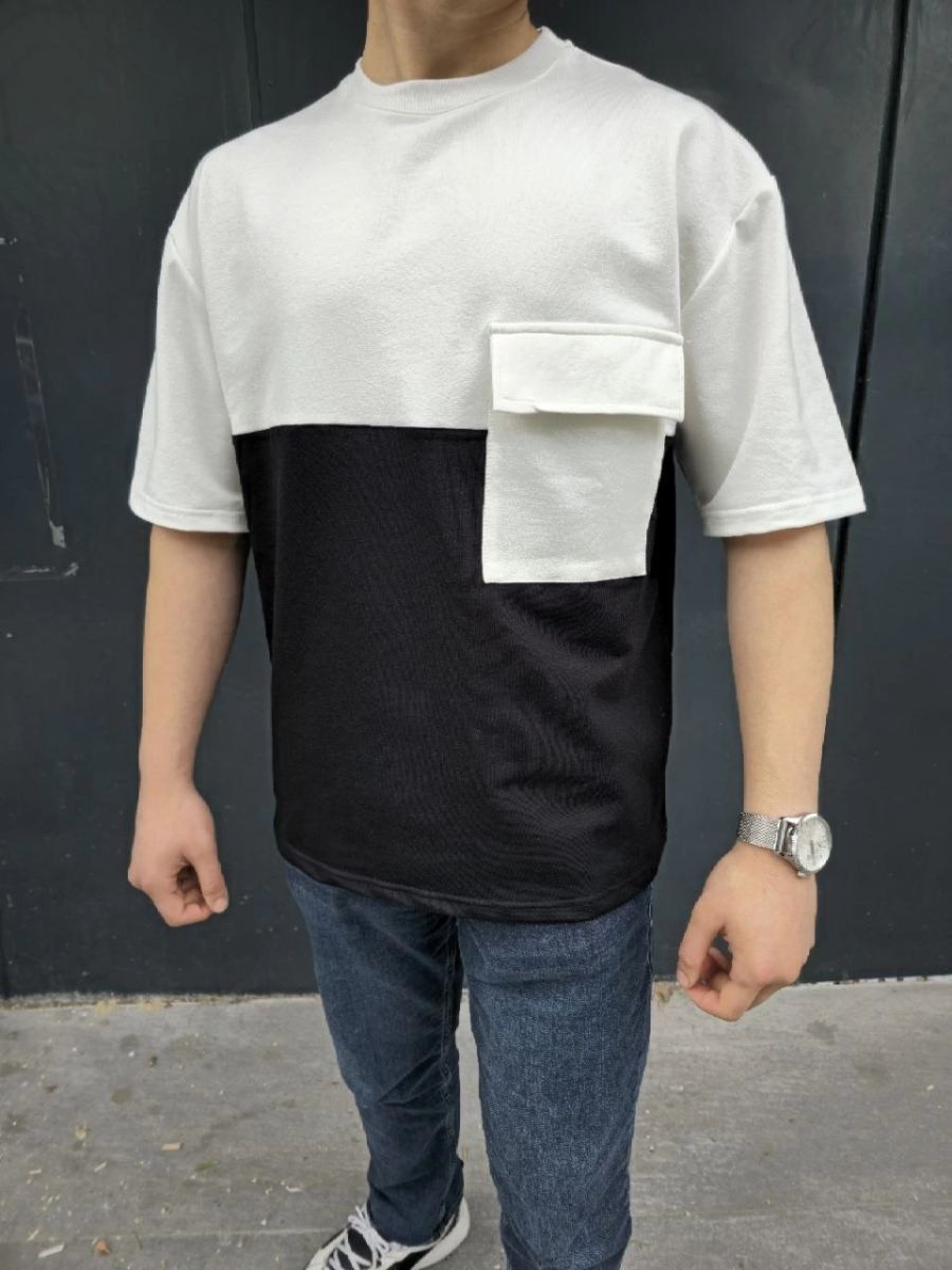 Fantastik Store Erkek Kısa Kol Yazlık Tişört Torba Cepli Parçalı T-Shirt - Siyah görsel 6