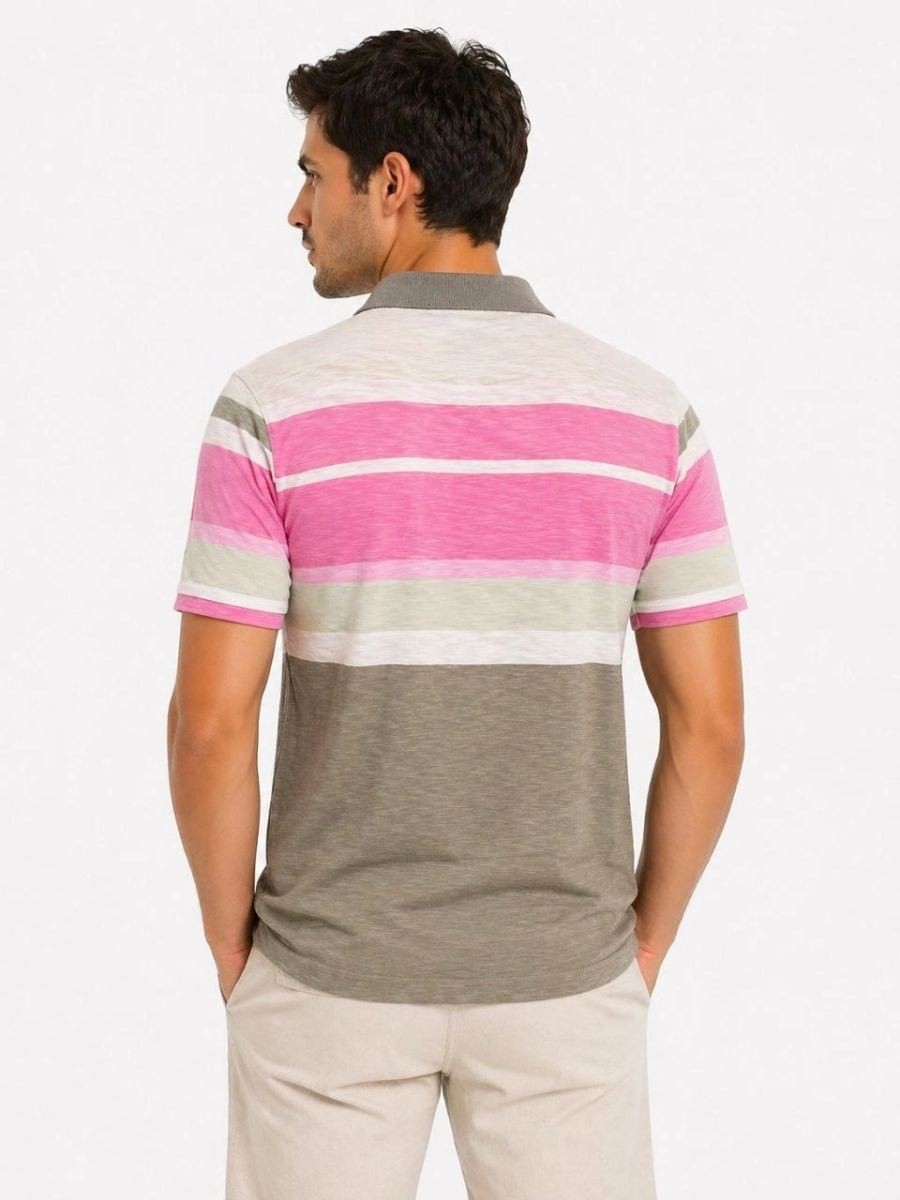 Fantastik Store Erkek Flamlı Penye Çizgili Polo Yaka Tişört Kısa Kol Yazlık T-Shirt - Gri görsel 2